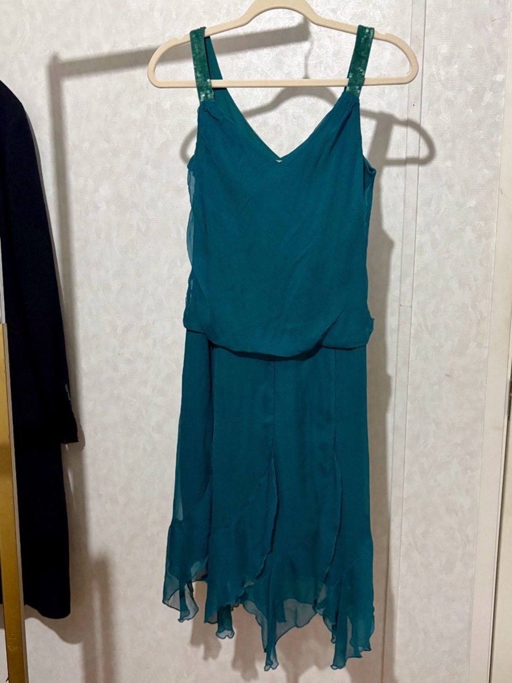 Jonathan Martin Teal Handkerchief Hem Silk Sequined Dress